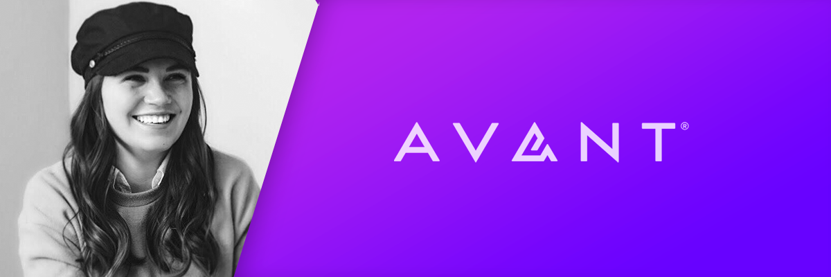 Brittany smiling next to Avant logo on purple background